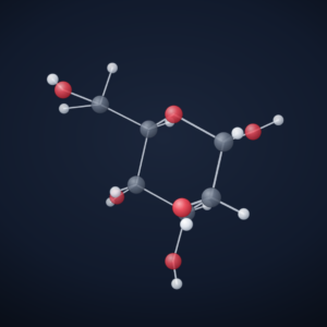 Ball-and-stick model of a D-mannose sugar molecule showing carbon, oxygen, and hydrogen atoms