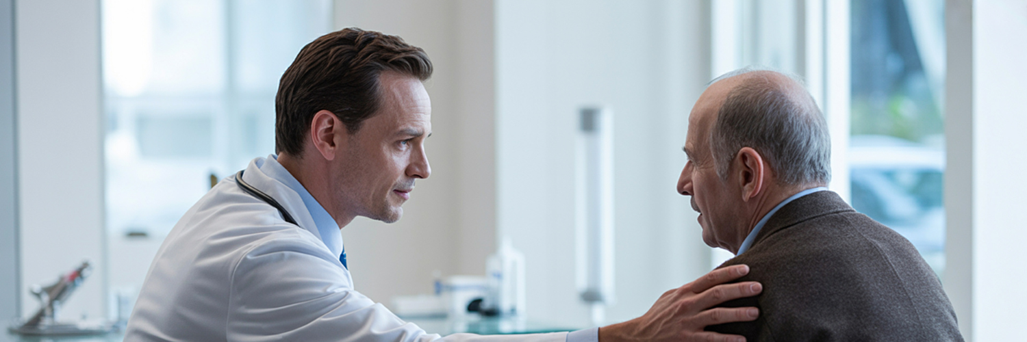 Doctor discussing recurrent UTI prevention with an elderly male patient during a consultation