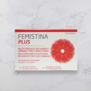 Femistina Plus d-mannose UTI supplement box with day and night capsules for recurrent UTI prevention